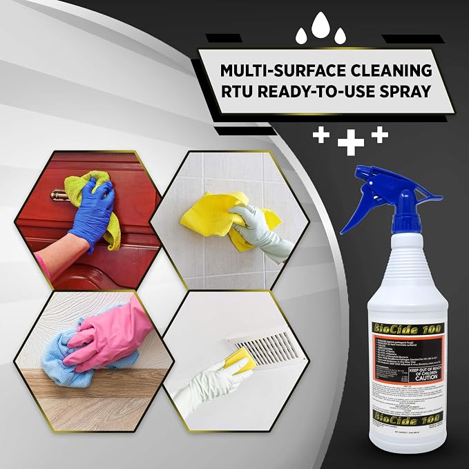 Biocide 100 EPA Registered Mold, Mildew and Fungi Remover, Cleaner and Disinfectant | Eliminates Household Mold Spores, Bacteria, Germs, Viruses | Non-Toxic and Safe | 1-Quart