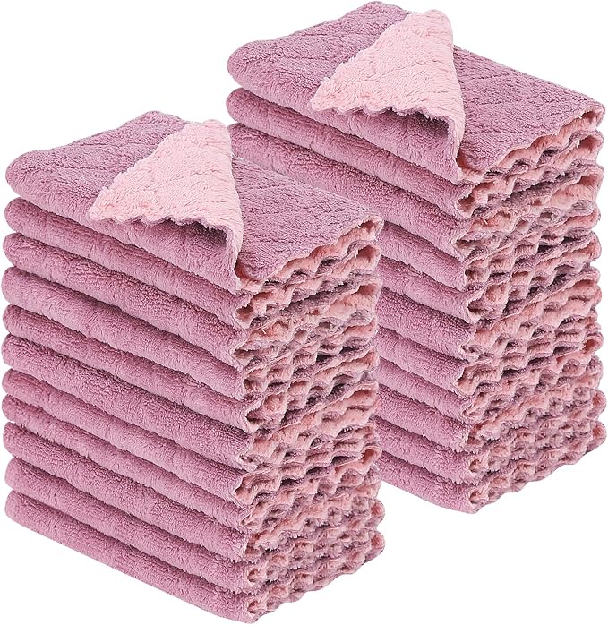 22 Pack Kitchen Dish Cloths, Reusable Dish Towels, Nonstick Oil Washable Fast Drying, Super Absorbent Coral Velvet Cleaning Cloths for Cleaning Tableware, Kitchen, Bathroom(Pink-purple-10" x 6")