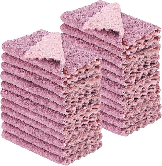 22 Pack Kitchen Dish Cloths, Reusable Dish Towels, Nonstick Oil Washable Fast Drying, Super Absorbent Coral Velvet Cleaning Cloths for Cleaning Tableware, Kitchen, Bathroom(Pink-purple-10" x 6")