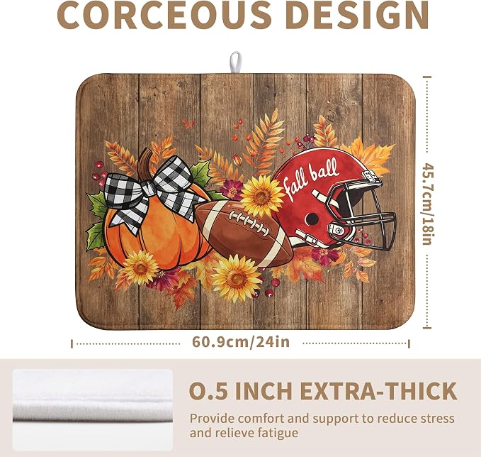 Fall Pumpkin Dish Drying Mats Thanksgiving Dish Mat Football Wood Drying Matt Dishes Dryer Pad for Kitchen Counter Absorbent Microfiber Washable Foldable Reusable 18x24 in