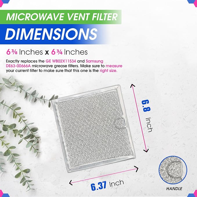 Microwave Filter replacement 6.81" x 6.34" Fits GE WB02X11534 Samsung DE63-00666A Microwave Grease Filter - Freshens and Filters Kitchen Air Entering the Over-the-Range Oven Stove Fan (4-Pack)
