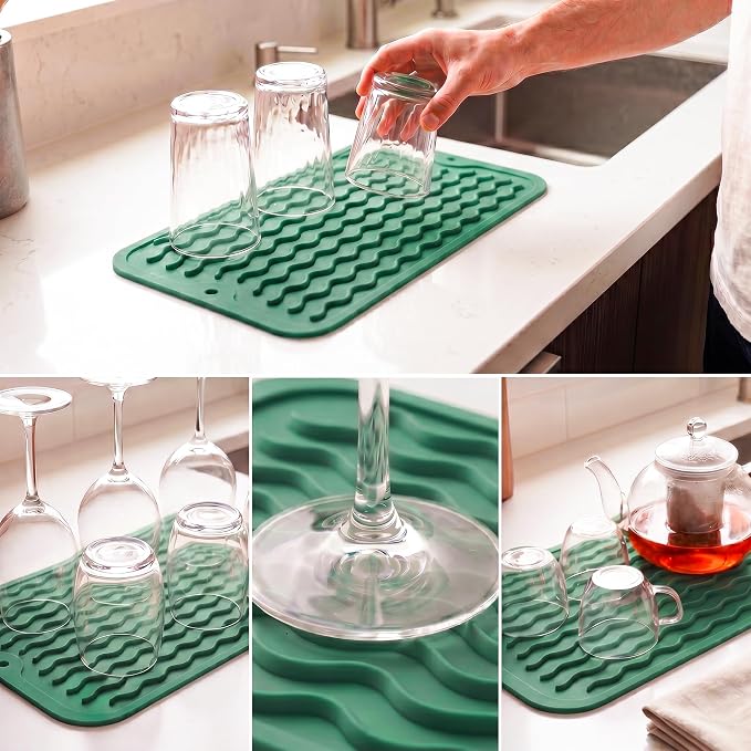 MicoYang Silicone Dish Drying Mat for Multiple Usage,Easy clean,Eco-friendly,Heat-resistant Silicone Mat for Kitchen Counter or Sink,Refrigerator or Drawer Liner Green S 12 inches x 6 inches