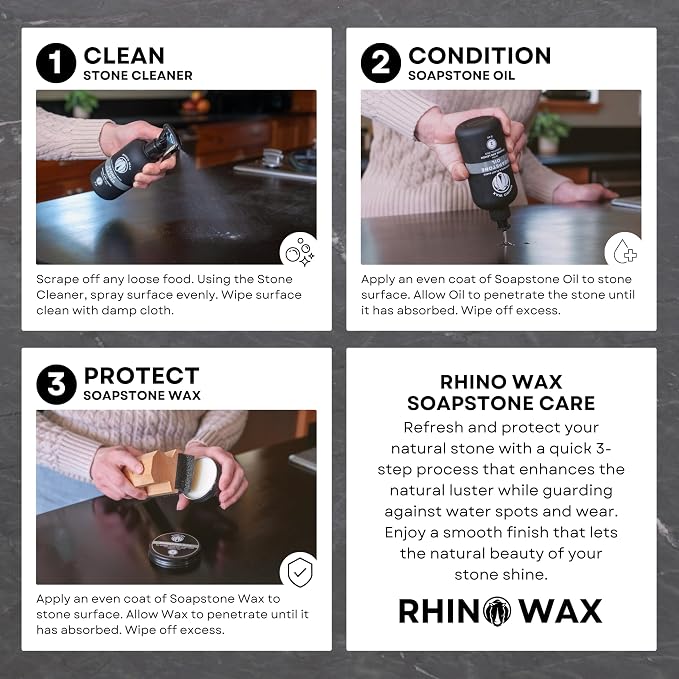Rhino Wax Soapstone Spray Cleaner - Safely Clean Soap Stone, Slate, Granite, Quartz, Marble, Concrete - Food Safe - Natural Ingredients - Fresh Orange & Lemon Scent Neutralizes Odors - Made in USA