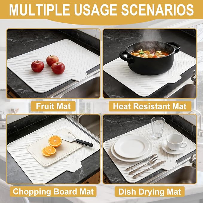 Silicone Dish Drying Mat 23x17,Food-Grade Silicone,Easy Clean Pad for Countertop Protection,Heat Resistant,Easy Clean,Non-Slip Drain Pad with Built-in Drain,Multi-Functional Use,White
