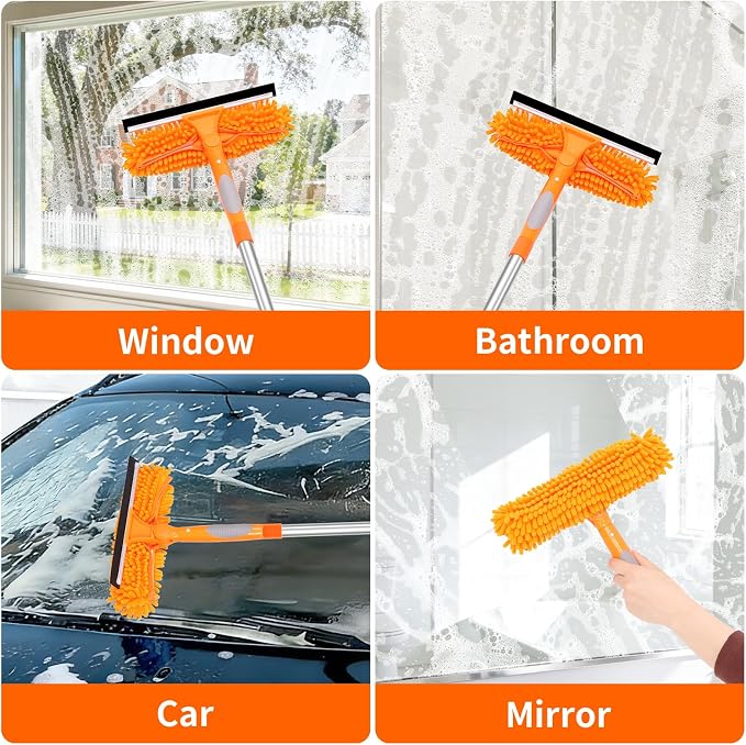109" Window Cleaning Squeegee Kit, Professional 2 in 1 Squeegee Window Cleaner with Extension Pole, Window Washing Kit with 2 Blade 2 Pads for Indoor & Outdoor High Windows Car Glass