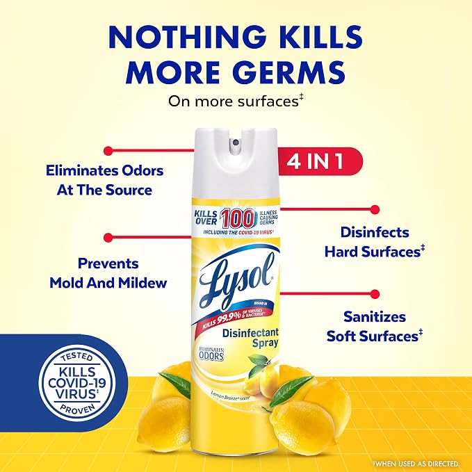 Lysol Disinfectant Spray, Household Cleaning Supplies, Disinfecting Multi-Purpose Room Spray, Antibacterial Sanitizer, Deodorizer, Kills Hantavirus, Lemon Breeze, 19 Fl Oz (Pack of 2)