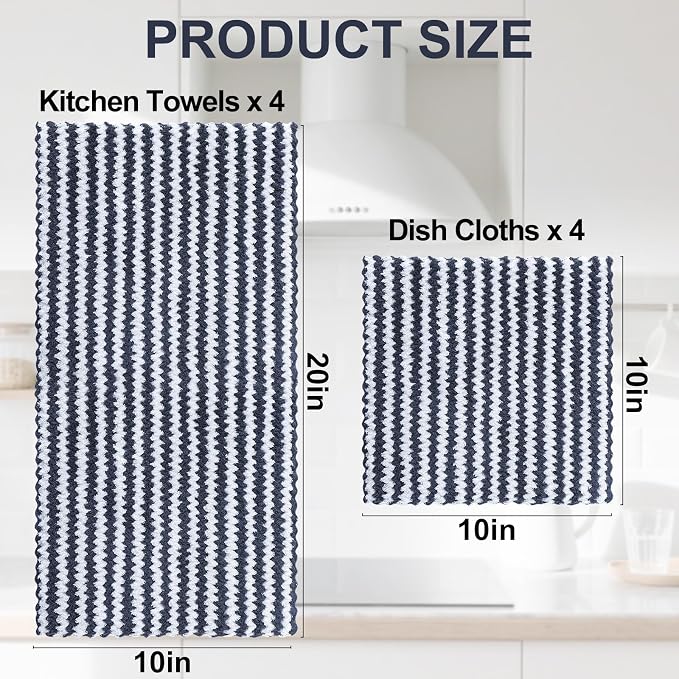 Homaxy 8 Pack Kitchen Towels and Dishcloths Set, 10 x 10 and 10 x 20 Inches, Ultra Soft and Absorbent Coral Velvet Dish Towels, no-lint Reusable Fast Drying Microfiber Cleaning Cloth, Dark Grey