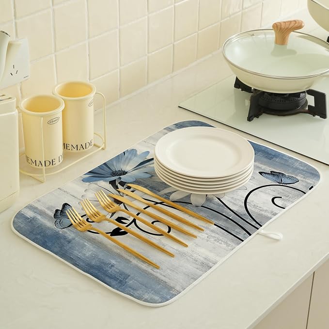 Floral Dish Drying Mat 18x24 Inches For Kitchen Counter Blue Daisy Flower Kitchen Decoration Drying Mat Modern Decorative Drying Pad For Home Kitchen Decor,Dining Room,Office Decor