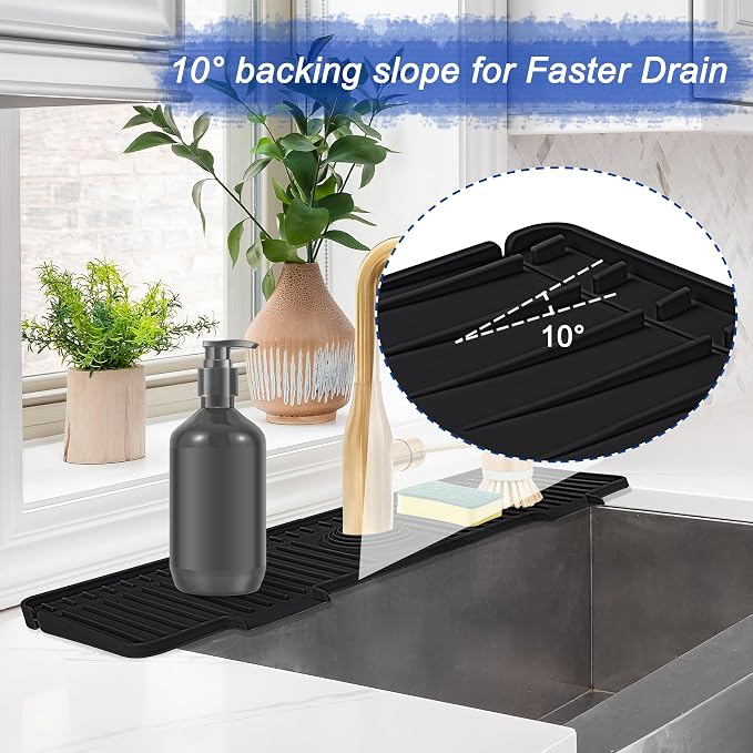 Kitchen Sink Splash Guard, 20 inch Silicone Faucet Guard & Draining Mat, 10° Large Slope Sink Faucet Mat Splash Guard, Bathroom Sink Organizer, Kitchen Sink Accessories Gadgets, 20 x 5.5”, Black