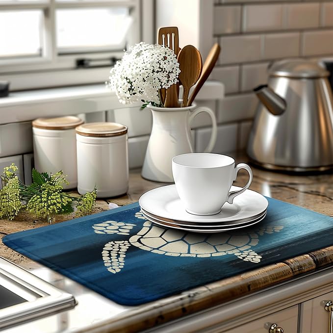 Sea Turtle Dish Drying Mats for Kitchen Counter 18x24 Inch Summer Ocean Animal Microfiber Absorbent Dish Drainer Rack Mats Navy Blue Large Dish Pad with Hanging Loop