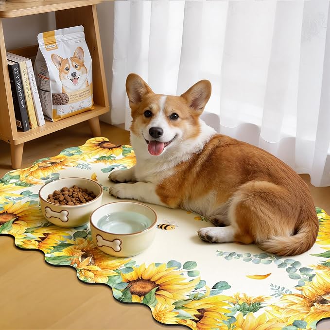 LOKHOM Scalloped Floral Dish Drying Mat, 17"x32" Super Absorbent Coffee Mat with Watercolor Yellow Sunflowers, Cuttable Hide Stain Non-slip Drying Mat for Kitchen Counter Coffee Maker Espresso Machine
