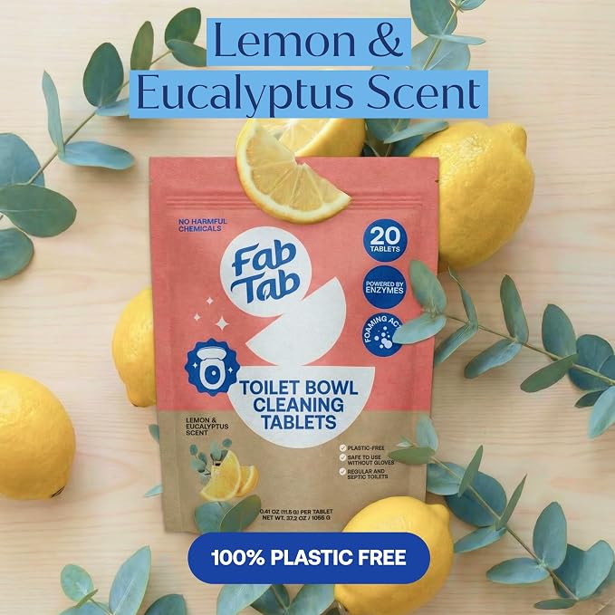 Fab Tab Toilet Cleaner Tablets for Bowl, Powerful Active Toilet Stain and Rust Removal, No Plastic or Harmful Chemicals, Safe for Regular and Septic Tanks, Lemon & Eucalyptus Scent - 20 Pack