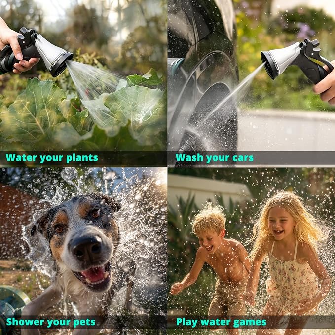 QUOBAS Metal Garden Hose Nozzle, Heavy Duty Water Hose Sprayer, Leak Proof | 10 Pattern Water Nozzle with Rubber Gasket, Garden Sprayer for Watering Plants, Washing Cars, Pet Shower, Black