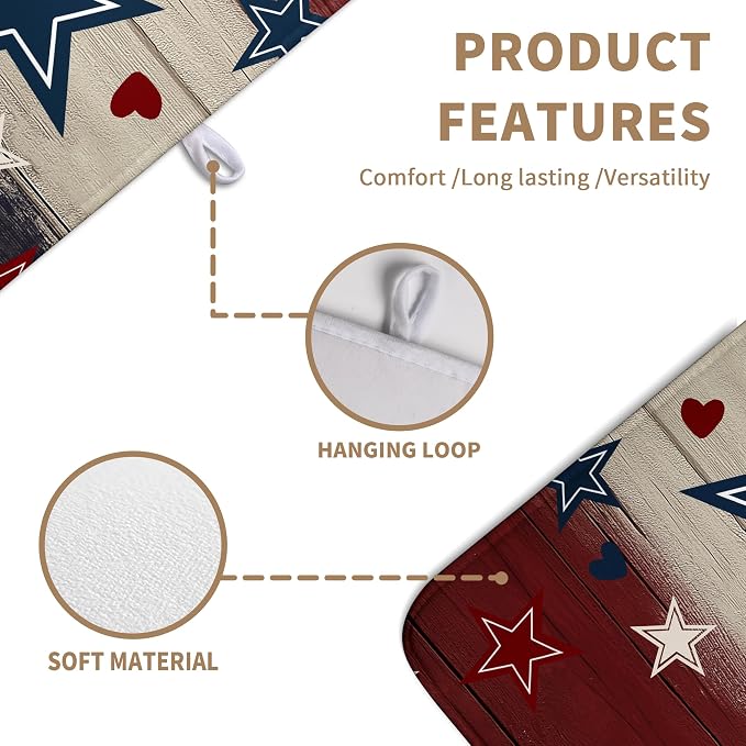 Patriotic Stars Dish Drying Mats 4th of July Dish Mat Blue Red Heart Drying Matt Dishes Dryer Pad for Kitchen Counter Absorbent Microfiber Washable Foldable Reusable 18x24 in