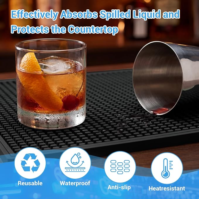 ZJWZLG Bar Mat - Premium 18"X12" Rubber Bar Mats for Countertop, Non-slip Dish Drying Pad & Bartender Mat with for Fast Drying, Ideal Bar Tools for Home Bar, Cocktail Set, And Kitchen Use(Black)