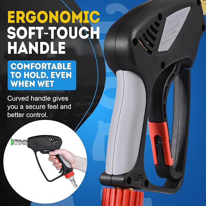 TOOLCY Pro Short Pressure Washer Gun Stainless Steel 3/8" Swivel Fitting | 5000 PSI 1/4" Quick Connect Outlet M22-14mm Male Thread Adapter with 5 Nozzle Tips For Foam Cannon