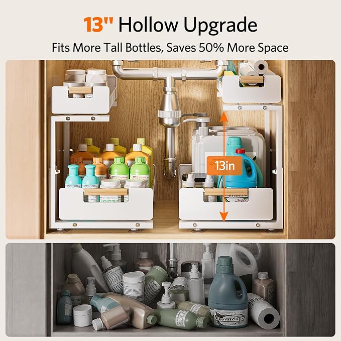 Delamu Under Sink Organizer 2 Pack, Pull Out Cabinet Organizer for Kitchen Sink, 2 Tier Metal Slide Out Shelf Caddy for Bathroom Storage, 5 Adjustable Heights for Pantry & Laundry Room, White