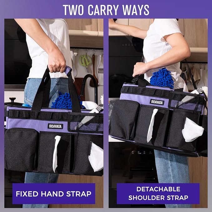 SCAVATA Wearable Cleaning Caddy Bag, Cleaning Caddy Supplies Organizer with Handle & Shoulder Straps for Housekeepers, Under Sink & Car Cleaning Tool Organizers with 4 Foldable Divider (Purple)