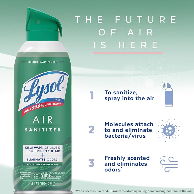 Lysol Air Sanitizer Spray with Bacterial Odor Eliminator for Home & Office, Sanitizing Air Spray, Air Freshener Alternative, Mountain Spring Scent, 10 oz (Pack of 3)