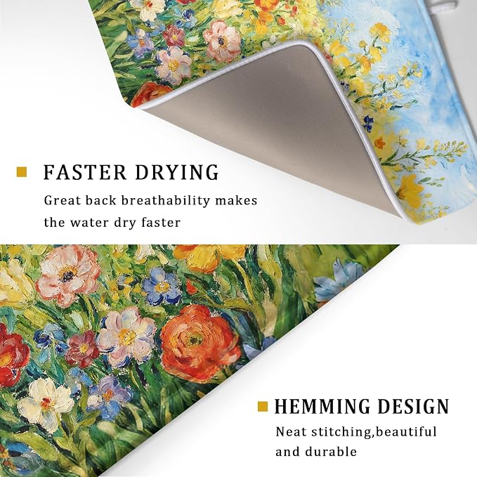 Spring Summer Floral Dish Drying Mat for Kitchen Counter 18x24 Green Yellow Blue Flower Wildflower Print Absorbent Reversible Microfiber Drying Mats Kitchen Countertop Protector Dishes Drainer Pad