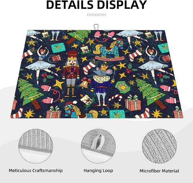 Christmas Nutcracker Dish Drying Mat for Kitchen Counter Cute Kitchen Christmas Dish Mat Microfiber Kitchen Countertop Absorbent Reversible Drainer Rack Pad