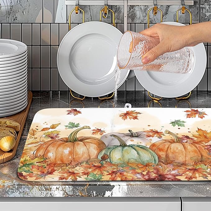 Fall Dish Drying Mat for Kitchen Counter 18×24 Inch Orange Pumpkin Drainer Pad Rustic Autumn Dish Rack Pad Drainer Mat Thanksgiving Absorbent Reversible Microfiber Dish Drying Pad for Coffee Bar