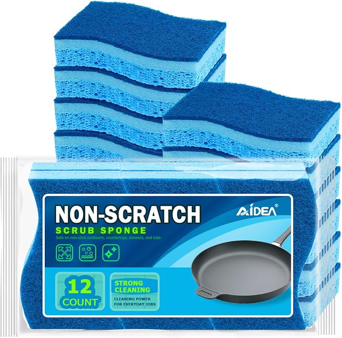 AIDEA Sponges Kitchen, Non-Scratch Scrub Sponge,12Count, Sponge for Dishes | Kitchen Sponges for Non-Stick Cookware, Cleans Fast Without Scratching, Cleaning Power for Kitchen, Bathroom, Household