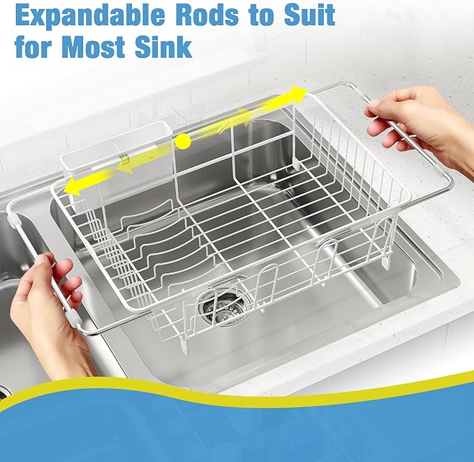 JASIWAY White Dish Drying Rack in Sink, Expandable Stainless Steel Dish Drainers for Kitchen Counter, Dish Dryer Rack for Inside Sink, Over The Sink Dish Racks with Utensil Holder