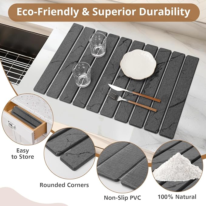 2 PCS Large Stone Dish Drying Mat for Kitchen Counter, Marbled Quick Dry Stone Dish Mats, Diatomaceous Earth Drying Pad, Foldable and Super Absorbent Dish Drying Stone Mat (Dark Gray 24"×16" & 8"×4")