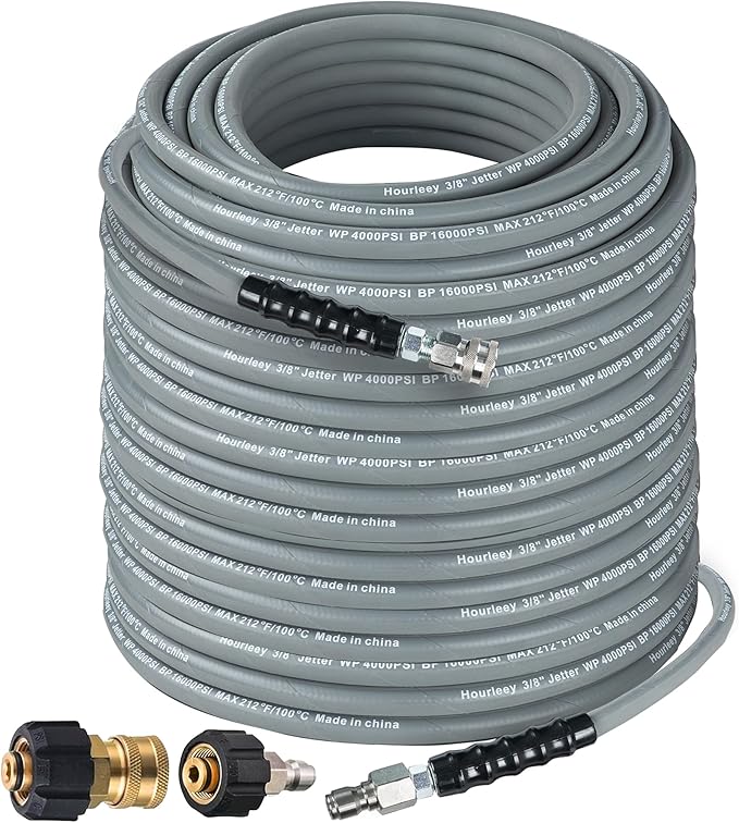 Hourleey Pressure Washer Hose 100FT, Kink Resistant High Tensile Wire Power Washer Hose, Rubber Wire Braided with 3/8" Quick Connect for Hot/Cold Water, 4000 PSI, Gray