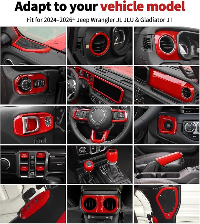 JWWY Interior Trim Kit Dress-Up Kit Decor Set Center Console Gear Shift Dashboard Panel,Door Window Switch Knob Speaker Cover Trim for 2024–2026 Jeep Wrangler JL JLU & Gladiator JT Red 28pcs