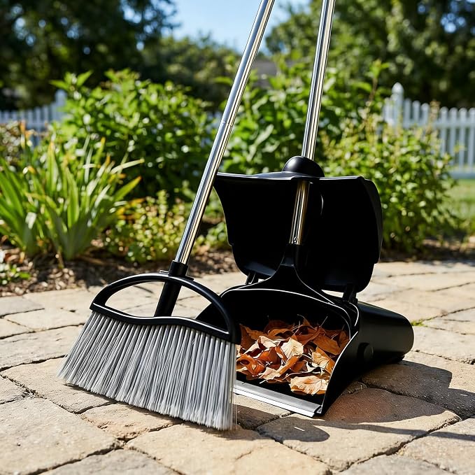 Long Handle Heavy Duty Broom and Dustpan Set, Outdoor and Commercial Upright Dustpan and Brush for Restaurant Garage Garden Yard Office,Black