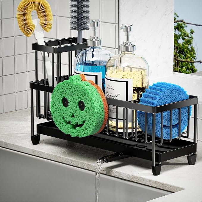 Moforoco Larger Version Sponge Holder for Kitchen Sink, Sink Caddy with High Brush Holder, Kitchen Sink Organizer Countertop Rustproof 304 Stainless Steel (Black with Smiley Face Holder)