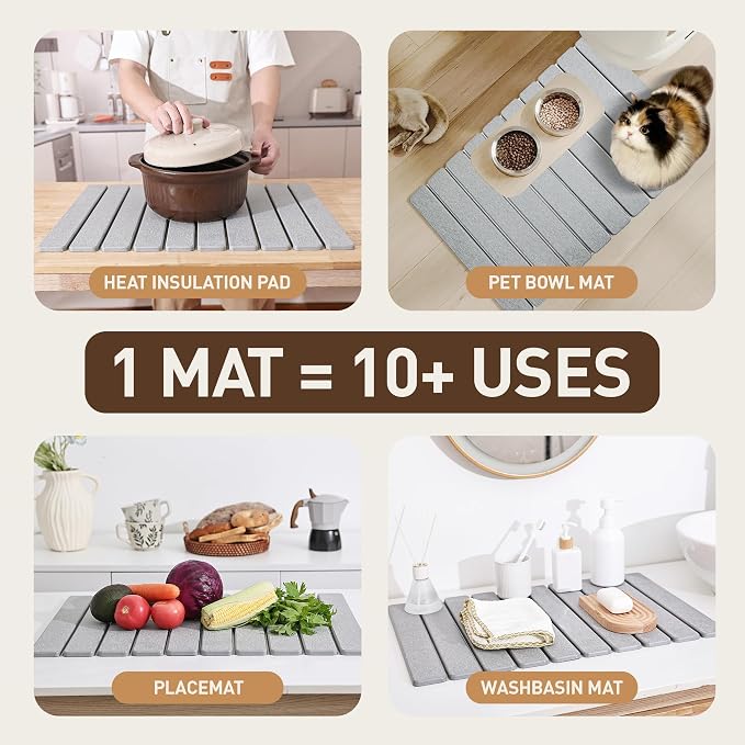 Large Stone Drying Mat for Kitchen Counter 24x16 Inch, Diatomaceous Earth Super Absorbent | Quick Dry Non-Slip Collapsible Dish Mat for Dishes Utensils Cups | Eco-Friendly Counter Protector, Grey