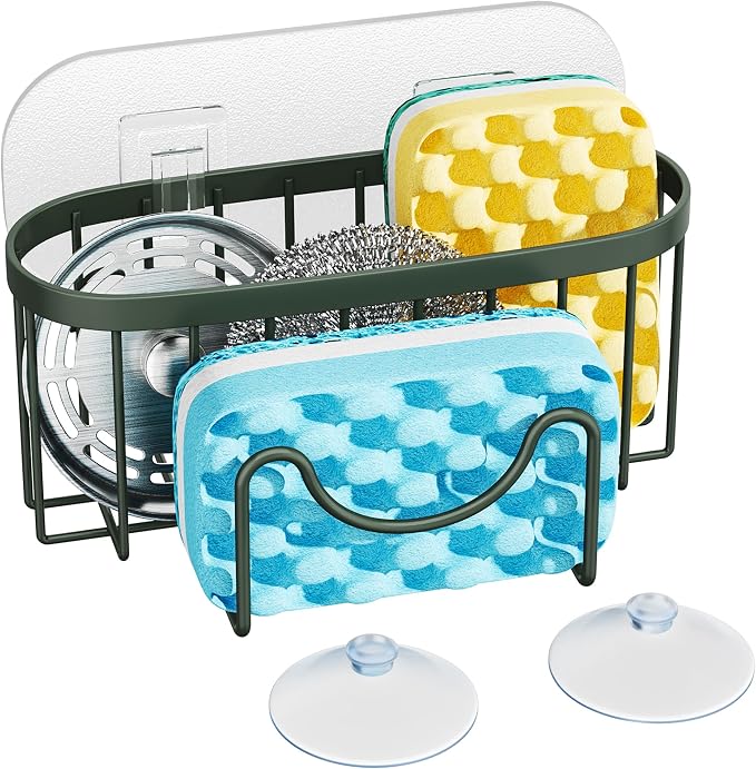 HapiRm Sponge Holder for Kitchen Sink - Sink Caddy with Unique M-Shaped, 2 Installation Methods Kitchen Organizer, Rustproof Stainless Steel Sponge Caddy - Green