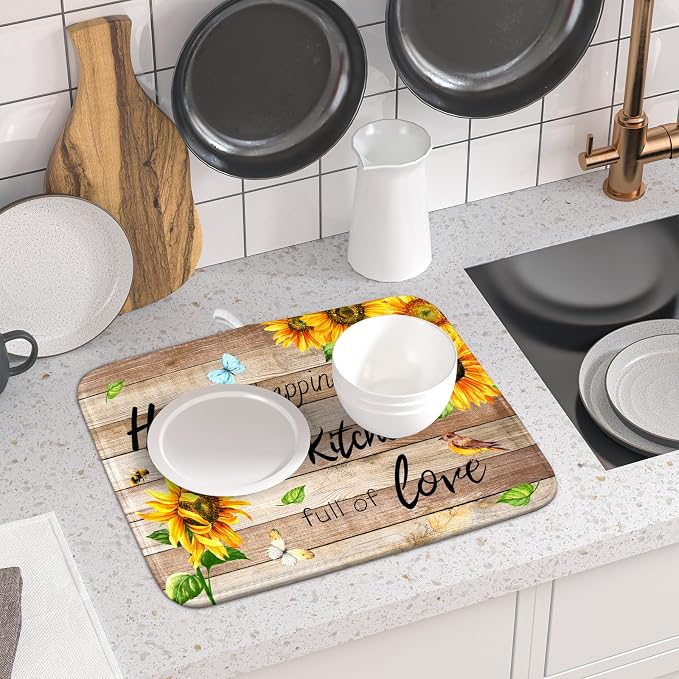 Sunflower Floral Dish Drying Mat for Kitchen Countertop 16x18 inch Rustic Wood Washable Microfiber Absorbent Dishes Drainer Rack Pad