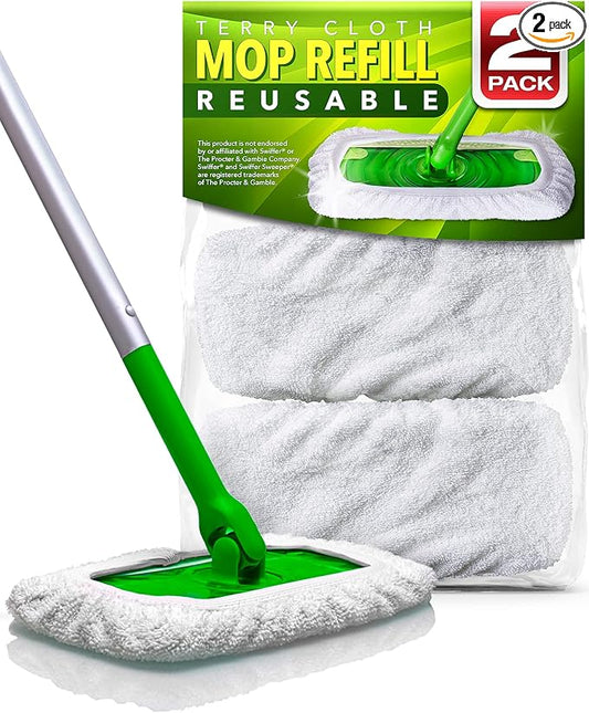 VanDuck Reusable 100% Cotton Mop Pads for Swiffer Sweeper (2-Pack) | Mop not included, reusable terry cloth mop covers, cotton replacement refills, machine washable wet mopping pads