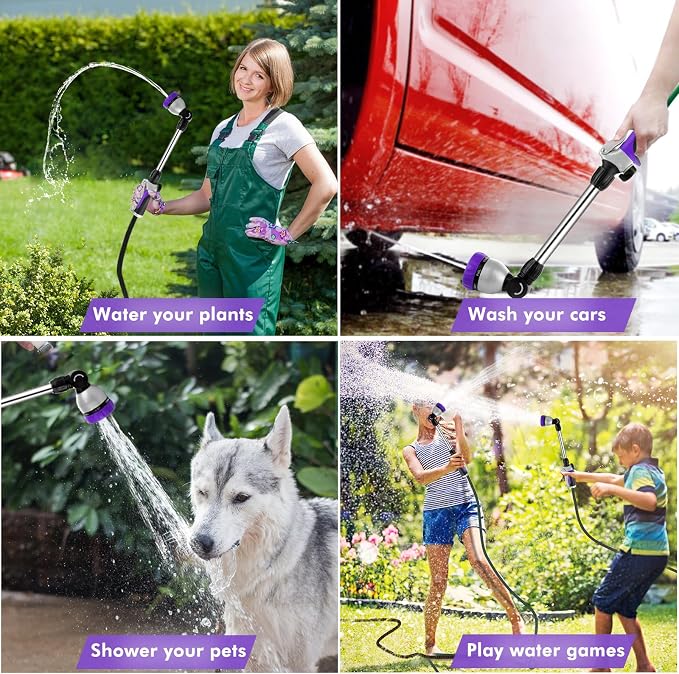 RESTMO Heavy Duty Metal Hose Wand, Watering Wand for Garden Hose | 180° Swivel Ratcheting Head, 16'' Hose Sprayer, 7 Spray Patterns, Flow Control, Ideal for Hanging Baskets & Shrubs, Purple