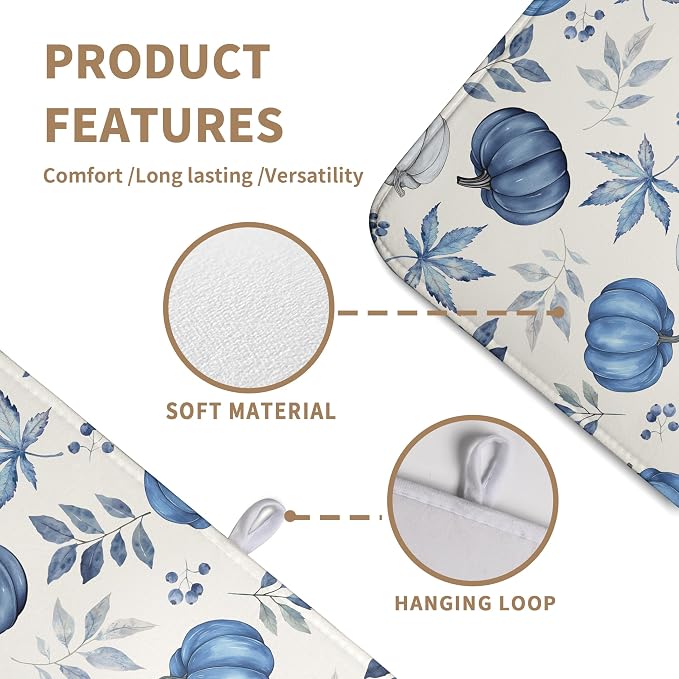 Fall Dish Drying Mat Blue Pumpkin Maple Leaves Drying Mats for Kitchen Counter 18x24 Inch Autumn Thanksgiving Absorbent Microfiber Dish Draining Mat Dishes Pad with Hanging Loop