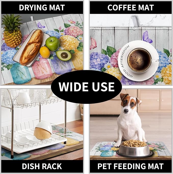 Hydrangea Dish Drying Mat for Kitchen Counter Spring Summer Floral Vases dish mat Microfiber Absorbent Dish Drainer Pad Rustic Farmhouse Floral Wooden Board Dish Draining Mats 18x24 Inch