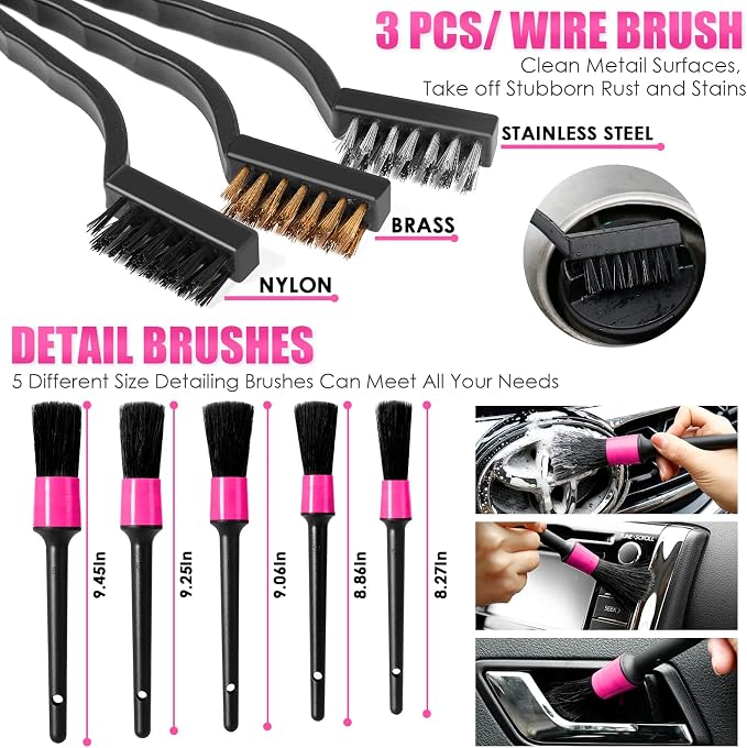 17pcs Car Cleaning Kit, Pink Car Interior Detailing Kit with High Power Handheld Vacuum, Detailing Brush Set, Windshield Cleaner, Cleaning Gel, Complete Auto Accessories for Women Gift