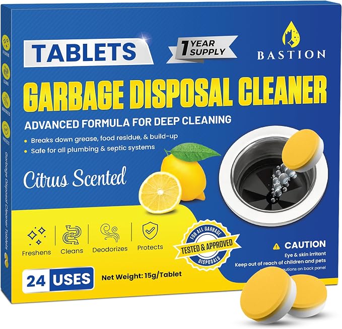 Bastion Garbage Disposal Cleaner Deodorizer Bundle - 24 Pack Disposer Tablets + 50 Count Lemon Zest Disposal Cleaning Drops