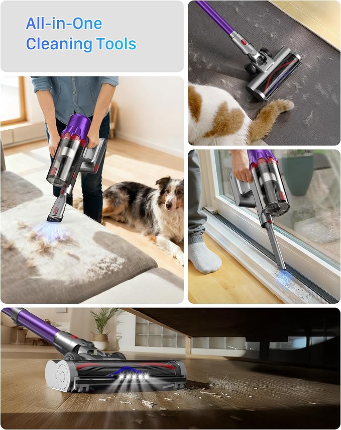 Cordless Vacuum Cleaner for Home - Powerful Stick Vacuum with HEPA Filter, 55-Min Runtime, LED Light, Anti-Tangle Brush, Detachable Battery,Lightweight Vacuum for Pet Hair,Carpets & Hard Floors