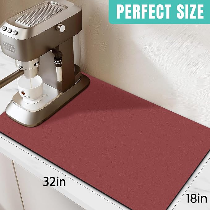 WISELIFE Coffee Mat Super Absorbent Dish Drying Mat Coffee Bar Accessories Match with Machine Large Drying Mats for Kitchen Counter 18" W x 32" L, Red