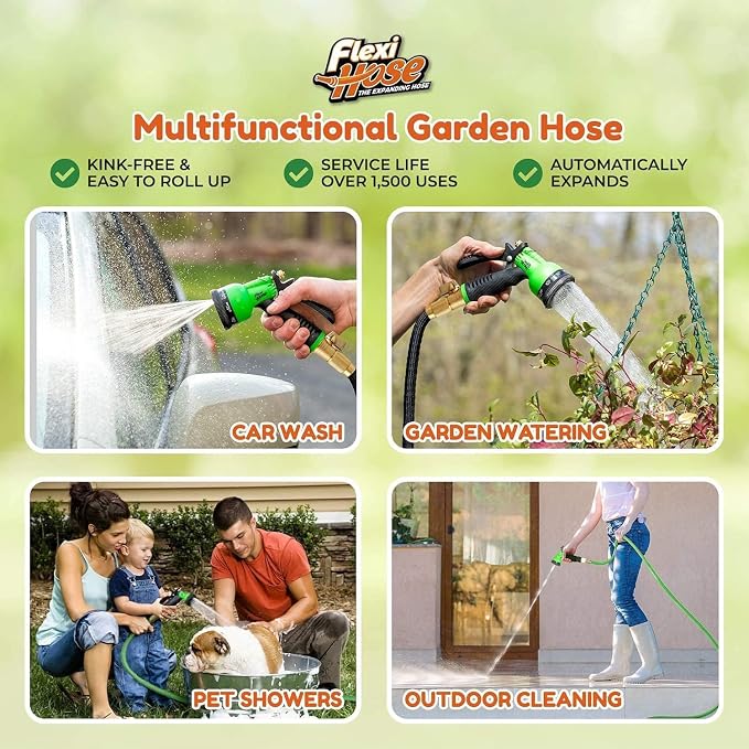 Flexi Hose with 8 Function Nozzle, 100FT - Lightweight Expandable Garden Hose, No-Kink Flexibility, 3/4 Inch Solid Brass Fittings and Double Latex Core