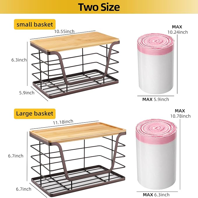 ALOCEO 2 Pack Stackable Wire Storage Basket with Bamboo Lid, Trash Bag Dispenser Under Sink for 4-13 Gal Bags, Kitchen Storage Bins for Potato and Onion, Brown