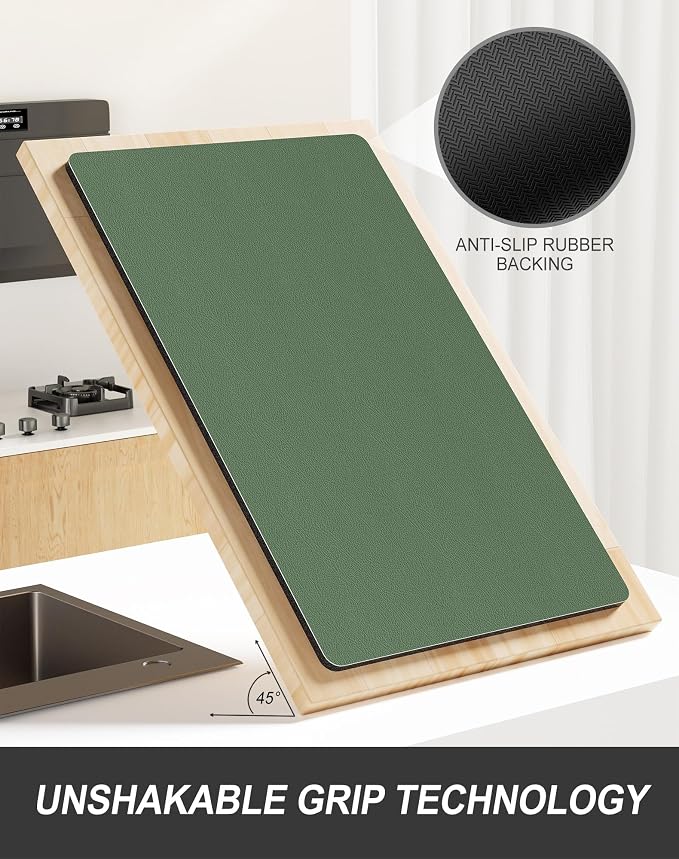 Rnivvi Dish Drying Mat for Kitchen Counter, 12 x 19" Super Absorbent Drainer Pad Easy Clean Dish Rack Pad, Non-Slip Heat Resistant Coffee Bar Mats for Coffee Machine Station Accessories, Forest Green