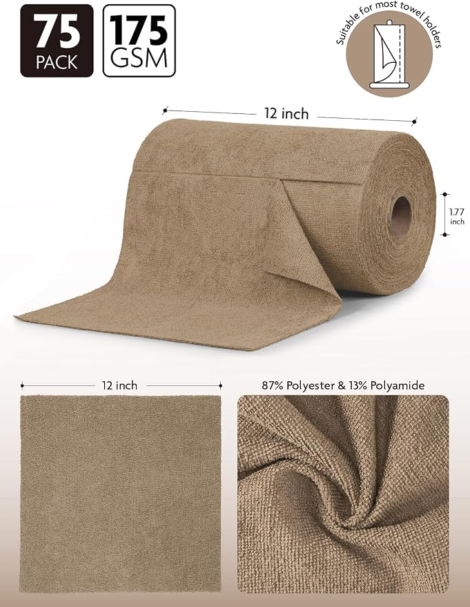 Fantasticlean Microfiber Cleaning Cloth Roll- 75 Sheets, 12" x 12" (TAN) | Super Absorbent, Lint-free, Tear-away Microfiber Towel Roll, for All-Purpose Cleaning