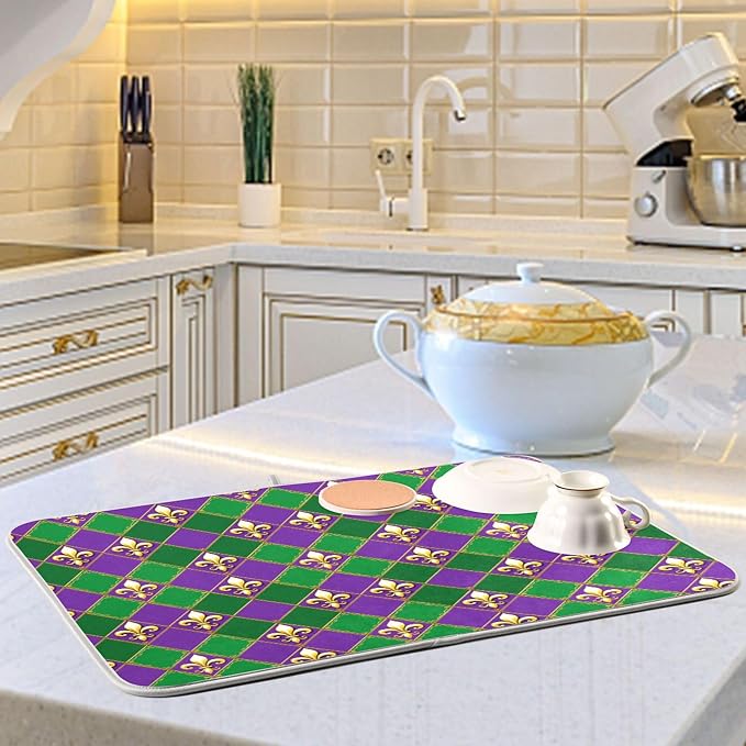 Happy Mardi Gras Purple Green Dish Drying Mat for Kitchen Countertop 16x18 Fleur de Lis Buffalo Plaid Small Drying Mat Reusable Quick Dry Dish Sink Mats Easy Clean Decorative Essentials