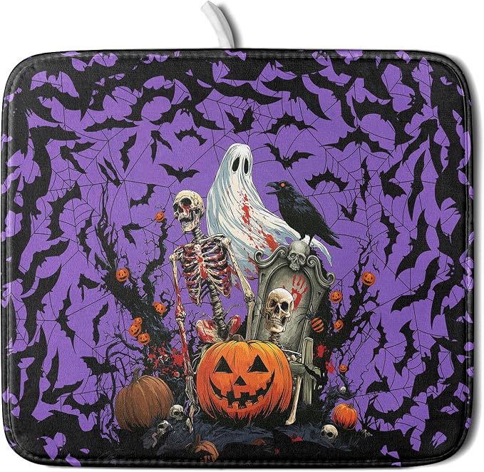 Giwawa Halloween Pumpkin Dish Drying Mat 16x18 inch Spooky Ghost Bat Dish Rack Mats Microfiber Draining Pad Fast Dry Holiday Kitchen Accessories